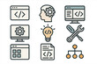 © janes - Vector icons set for programming and software development. Includes concepts like coding, web design, creative ideas, development tools, settings, UI elements, and process workflow.