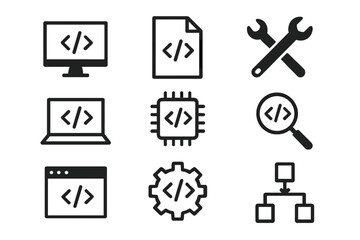 Programming vector icons set with development symbols, coding screen, laptop with code tags, chip and document icons, tools, code inspection, browser, gear and flowchart.