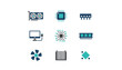 © Kellie - Computer hardware parts vector icon set. PC components flat design graphics. Technology electronics illustration. Video card, CPU, RAM, processor, cooler fan, monitor.