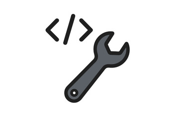 Vector illustration of coding wrench tool, programming symbol, software development icon, web design, repair and adjustment concept, isolated transparent background