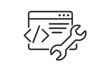 Web development icon with code and wrench tool, software programming symbol, coding maintenance, website editing, digital engineering, technology support, transparent background vector illustration