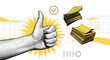 © Stock Creators - Hand giving a thumbs up with stacks of paper representing approval and success in a business or creative project with positive feedback