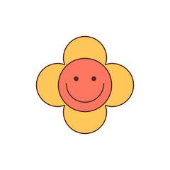 Wall Mural - Groovy y2k flower sticker in cheerful cartoon graphic style. Happy yellow smiley shines as a cute, colorful and positive groovy element. Perfect for retro pop art, playful and trendy backgrounds.