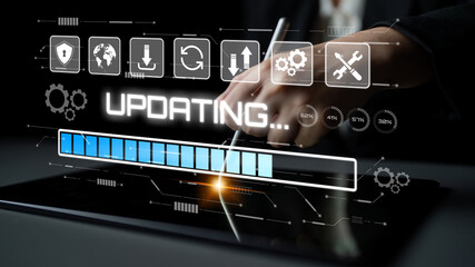 Wall Mural - Knowledge upgrade and software updates support digital skills growth, competitiveness, and continuous learning to stay current with new tech trends. Latch