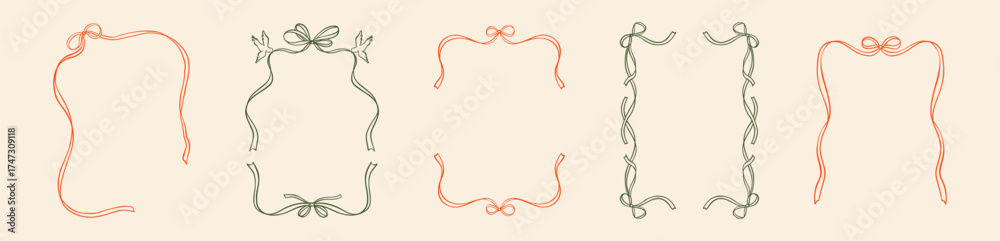 Set of hand drawn doodle coquette whimsical bow ribbon frames and ...