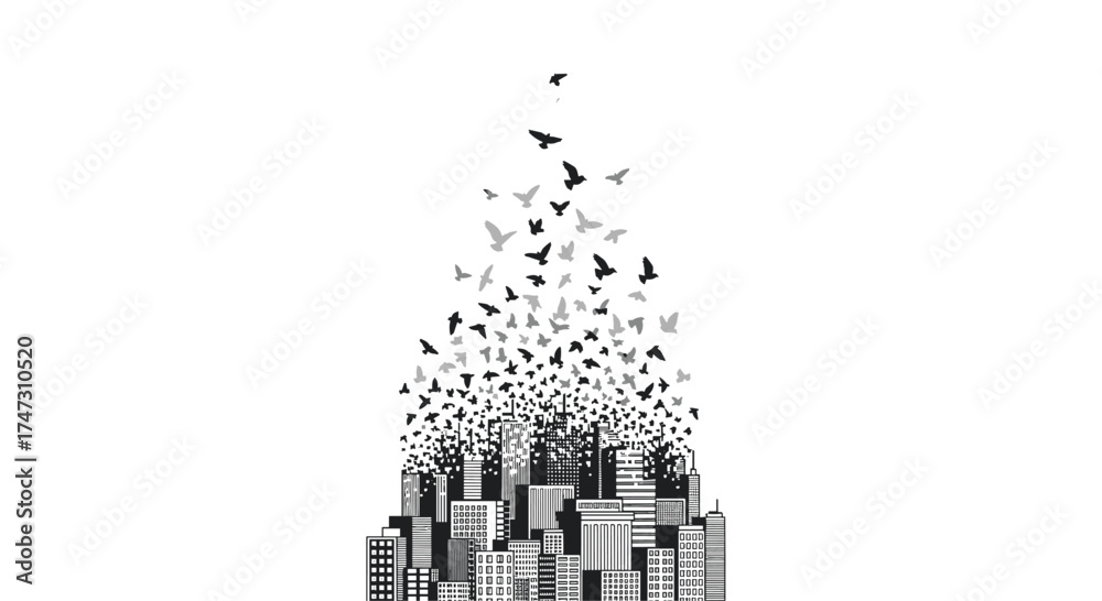 Cityscape dissolving into flock of birds abstract art, Generative AI ...