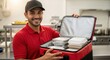 © ViskBx - A delivery man in red shirt holding a food delivery bag filled with takeout containers smiling at camera