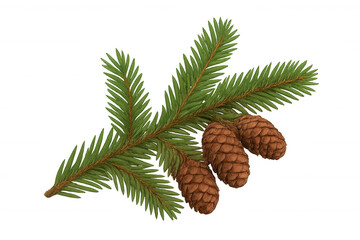 Wall Mural - Pine tree branch with green needles and three brown cones, winter holiday season decoration element
