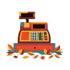 A vintage cash register with a colorful display surrounded by autumn leaves.