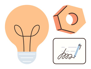 Wall Mural - Light bulb for innovation, hexagonal nut for mechanics, pen signing a document for closure. Ideal for innovation, creativity, engineering, design, process strategy productivity. Simple flat