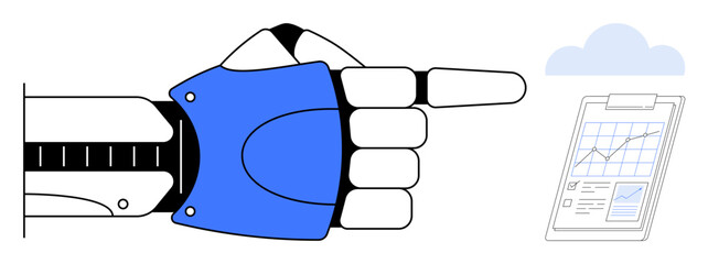Wall Mural - Robotic hand in blue highlights analysis by pointing at a data chart stored on the cloud. Ideal for technology, AI, automation, innovation, analytics, digital transformation, simple flat metaphor