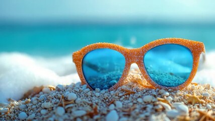 Wall Mural - A pair of sunglasses sitting on top of a sandy beach, ideal for a relaxed afternoon or a tropical vacation photo shoot