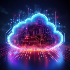 Wall Mural - A glowing cloud symbolizes advanced data storage and technology, featuring a vibrant neon color scheme of pink and blue with circuit board details within. Data streams and light rays indicate connecti
