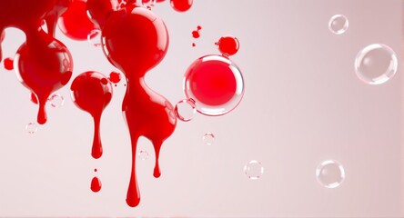 Wall Mural - An abstract illustration with dynamic elements of red paint spilling and transparent bubbles floating against a soft pink gradient backdrop. The visual portrays movement.