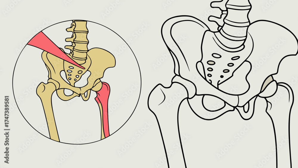 Left Hip Drawing Medical illustration of the human hip joint showing anatomy bones and ...