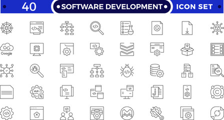 Software Development set of web icons in Outline style. Developer icons for web and mobile app. Code, api, programmer coding, app, flow, node connect, web coder, bug fix and more.