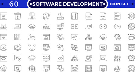Software Development set of web icons in Outline style. Developer icons for web and mobile app. Code, api, programmer coding, app, flow, node connect, web coder, bug fix and more.