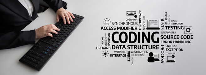 Close-up of hands typing on a keyboard, showcasing various coding concepts. Ideal for tech-related projects, digital learning resources, and software development illustrations. Tessel