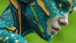 © NeutralStudio - Striking portrait of iridescent human with futuristic cybernetic features, green and gold skin, intense gaze, and detailed texture