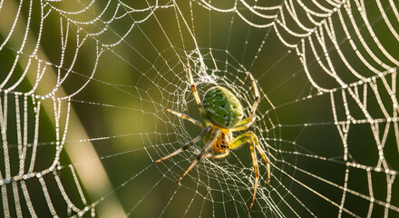 Green Spider on Dew-Covered Web