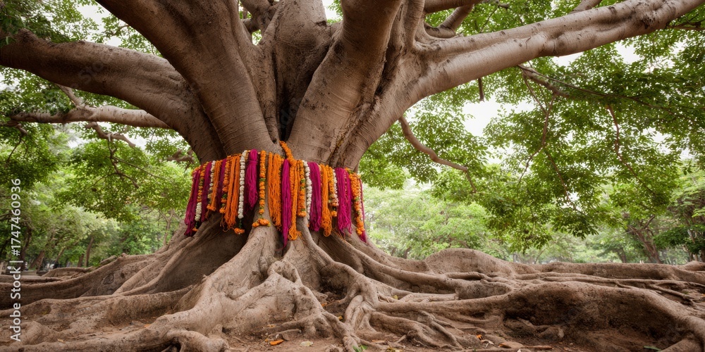 Authentic Sacred Banyan Tree with Holy Threads in Ancient Temple ...