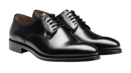 A pair of shiny black leather dress shoes with laces displayed on a  transparent background in a studio shot