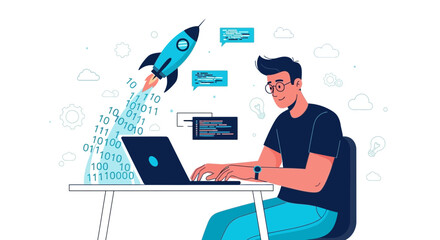 Illustration of software developer coding with rocket launch and binary code