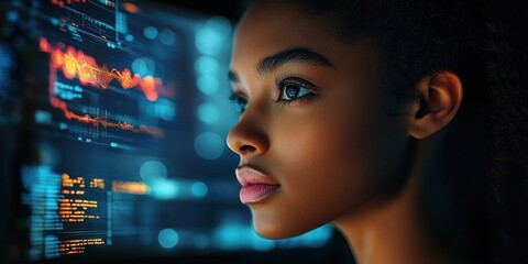 Thoughtful young woman with glowing digital data and graphs reflected on her face, focused on futuristic technology and information analysis