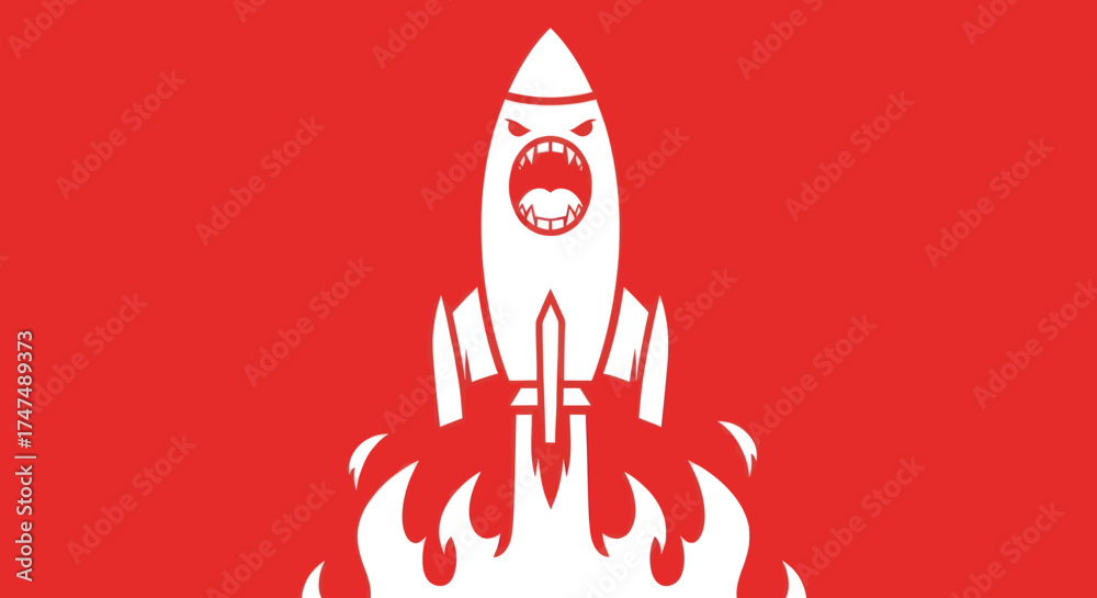 Angry rocket launching on a fiery red background for illustrations ...