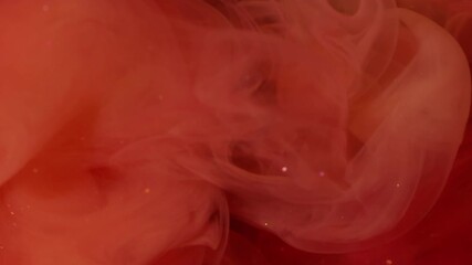 Wall Mural - Ink blow. Fume paint. Orange wave pigment spill in red sparkling water. Color stream dye defocused dissolve abstract curl background.