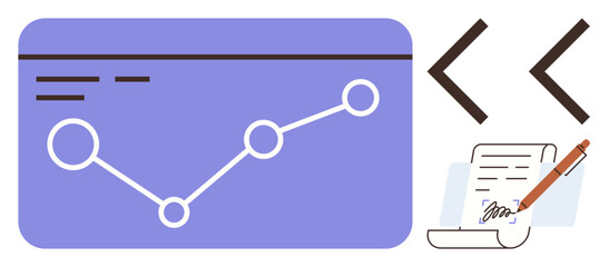 Growth chart with connected points, coding brackets, and a handwritten document with a pen. Ideal for coding, data analysis, programming, reporting, business strategy, development and communication