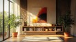 © Margarita - Cozy modern living room with large window letting in sunlight, two tall potted plants, wooden low shelf with books and bowls, and abstract warm-toned wall art