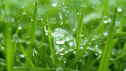 Wall Mural - Macro slow motion raindrops splashing vividly on lush green grass blades in a field green, refreshment, outdoor