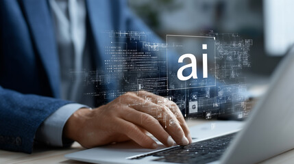 businessman working with a laptop and a digital screen showing ai and data technology concepts. using  artificial intelligence, which is having a significant impact on the business industry. office ro