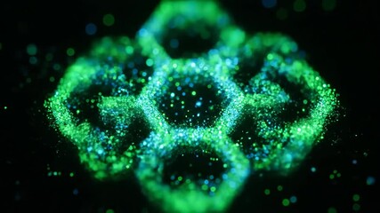 Wall Mural - microscopic slow motion capture of glowing particles dynamically arranging into a complex hexagonal 
