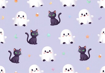  Whimsical Halloween Pattern with Cute Ghosts and Black Cats on Lavender Background