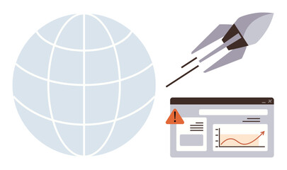 Earth globe, rocket launching upward, and website analytics interface with alert emphasize progress, innovation, and strategy. Ideal for startups, technology, success, analytics global reach goal