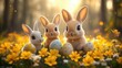 © Ulyana - Three adorable baby rabbits sitting among yellow and white flowers with colorful decorated eggs in a warmly lit forest clearing