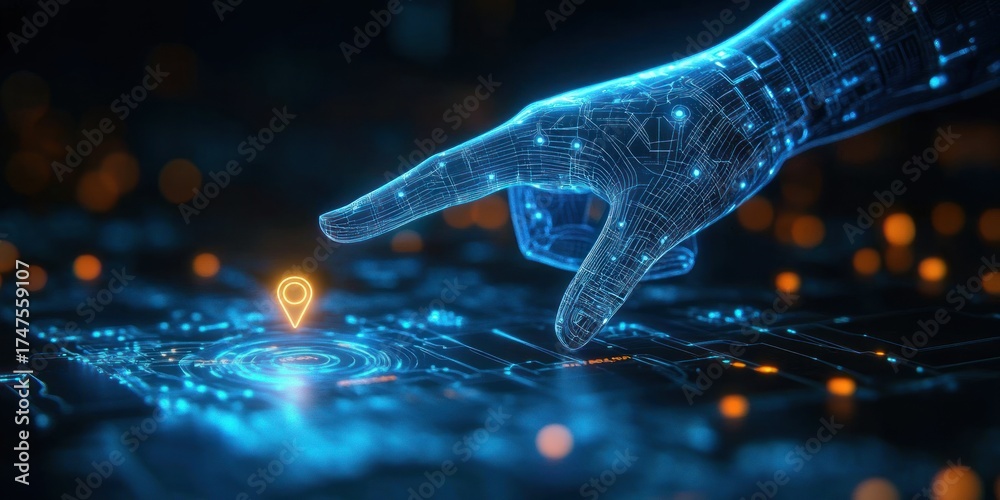 Futuristic glowing digital hand reaching out to touch a highlighted ...