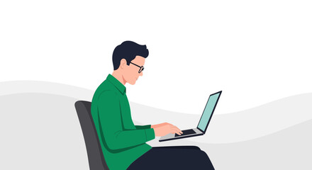 Person Working On Laptop with Glasses and Green Shirt in Vector Illustration Style