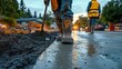 © smartcat - Close-up of construction workers smoothing wet concrete on a road at dusk wearing protective boots and high-visibility vests surrounded by residential trees and houses
