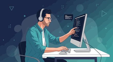 Programmer Focusing Intently on Code While Wearing Headphones, Working On A Monitor For Hours