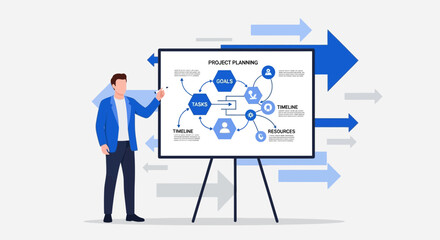 Project planning illustration of a presenter with a diagram showcasing business insights and goals planning