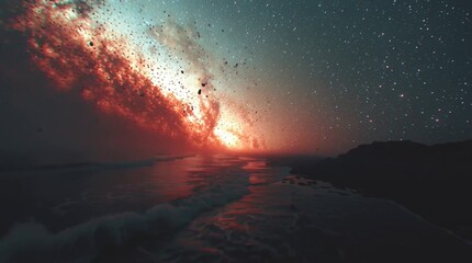 Wall Mural - Breathtaking Cosmic Phenomenon over a Tranquil Ocean Horizon at Night