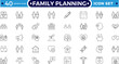 © artshuvo - Family planning and Fertility planning Outline icon set featuring sperm analysis, calendar, supplements, and antenatal. Perfect for reproductive health, pregnancy. Editable stroke outline icon.