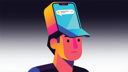 Illustration Of An Individual Wearing A Phone Screen As A Literal Hat, Where The Notifications Are Constantly Scrolling Across Their Forehead Vector Design Template
