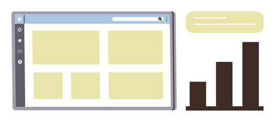 Browser window with grid layout panels and sidebar icons alongside a growing bar chart. Ideal for analytics, research, presentation, reporting, education, design, simple flat metaphor