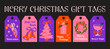 © WeirdyTales - Xmas gift tags design, Christmas present labels, cards, vector stickers elements set for winter holidays packaging with cartoon groovy bold illustration of tree ornaments, wreath, bells, bow, bauble