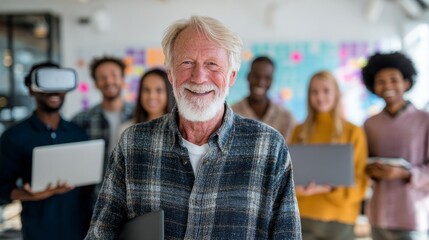 Senior man smiling with diverse tech team in office