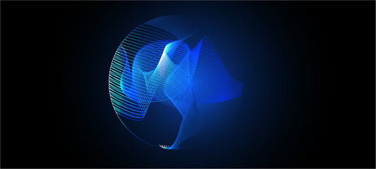 Abstract vibrant glowing spheres with ethereal wavy linesabstract blue background